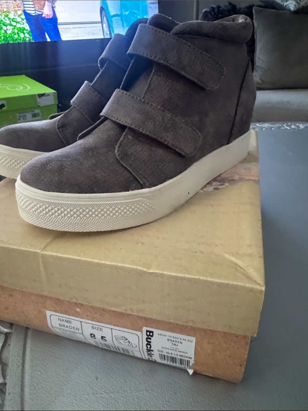 Buckle Taupe Suede Wedge High-Top Sneakers with Velcro Straps